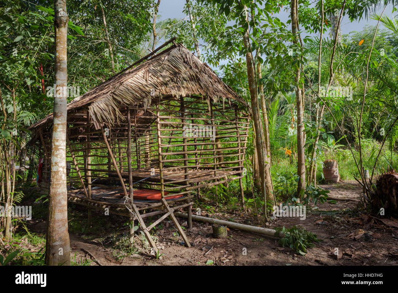 Timber and bamboo cage built to contain livestock (like goats}, remote village, Sabah, Malaysia Borneo Stock Photo