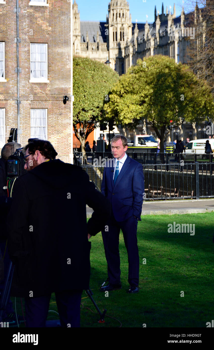 Tim Farron MP (Liberal Democrat: Westmorland and Lonsdale) LibDem Party Leader, being interviewed on College Green, Westminster, after Theresa May's B Stock Photo