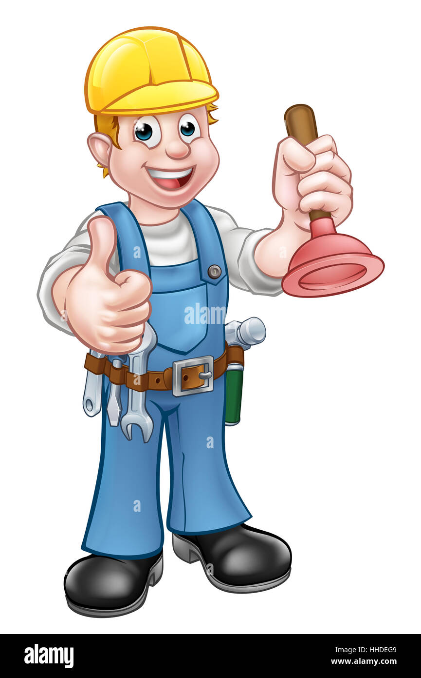A handyman plumber cartoon character holding a plunger and giving a thumbs  up Stock Photo - Alamy