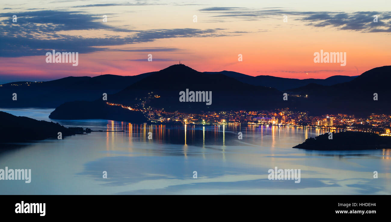 Night panorama of Budva in Montenegro Stock Photo