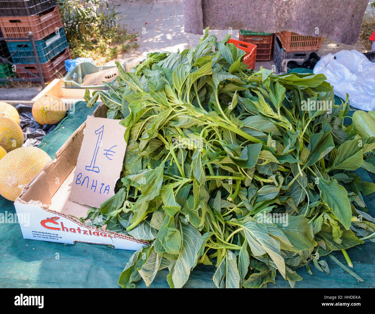Amaranth leaves for sale at a stall in Chania's Saturday street market