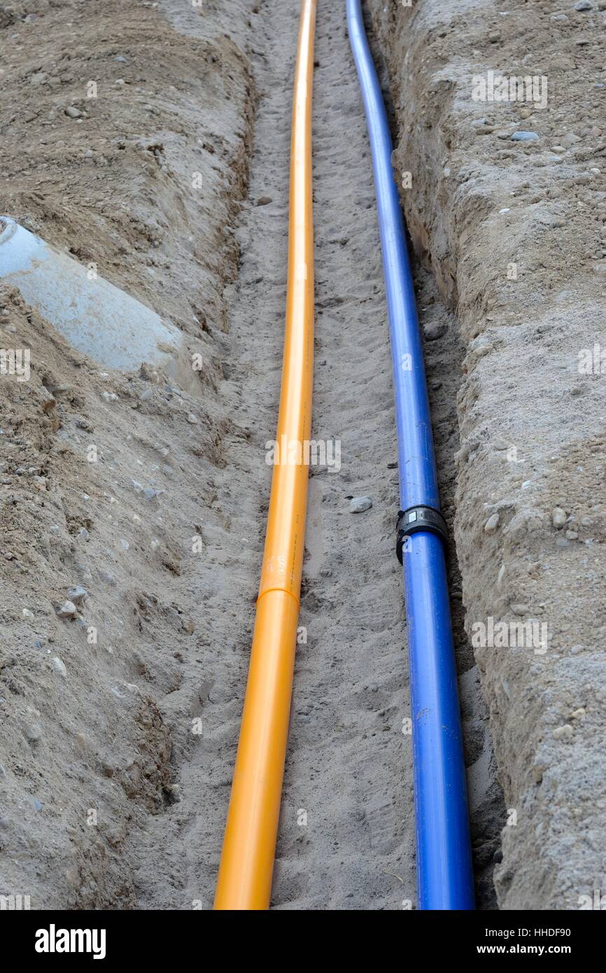blue, tube, gas, conductions, trench, natural gas, yellow, water, blue, Stock Photo