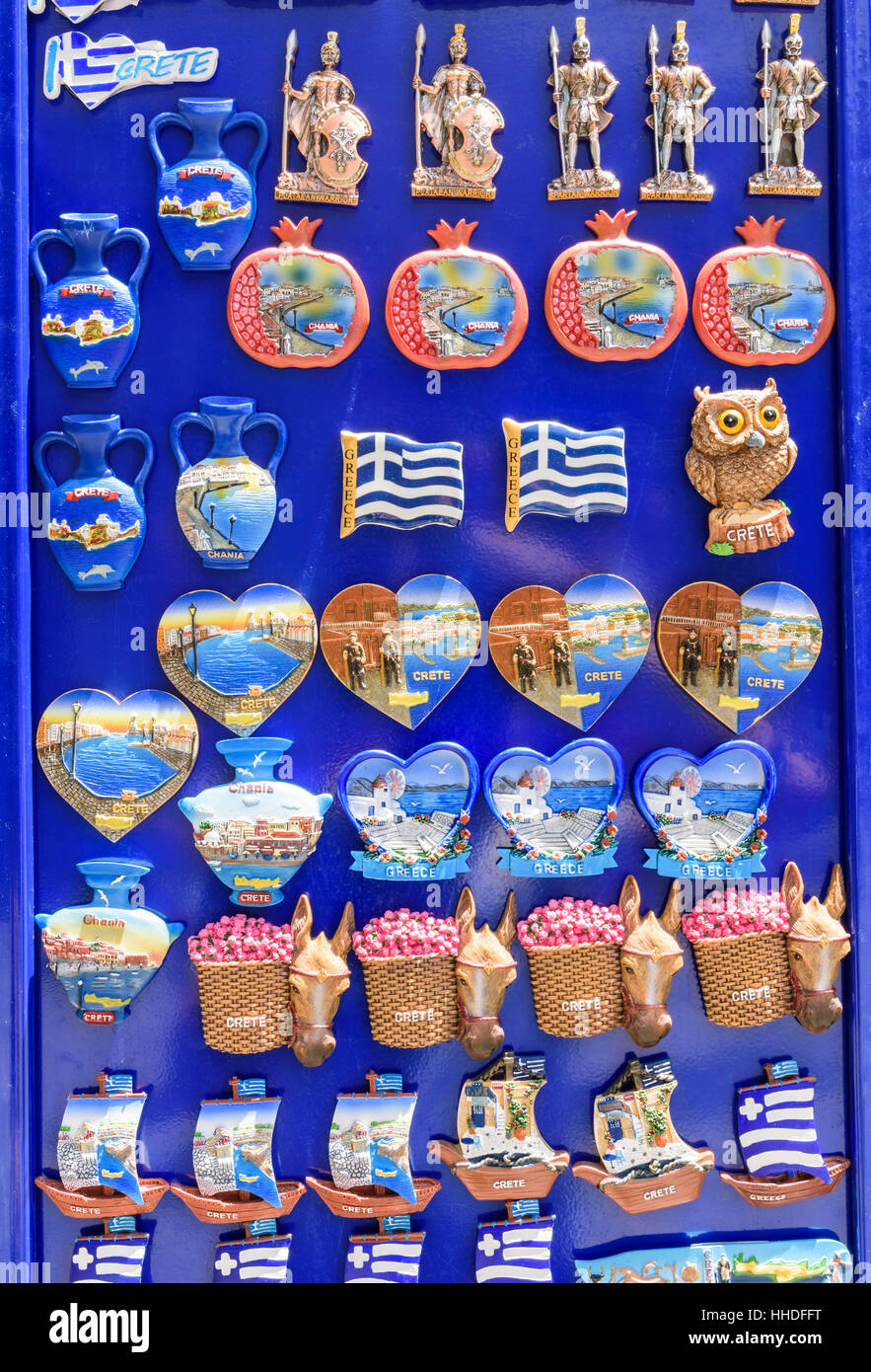 Greece tourist souvenir fridge magnets, Chania, Crete, Greece Stock Photo