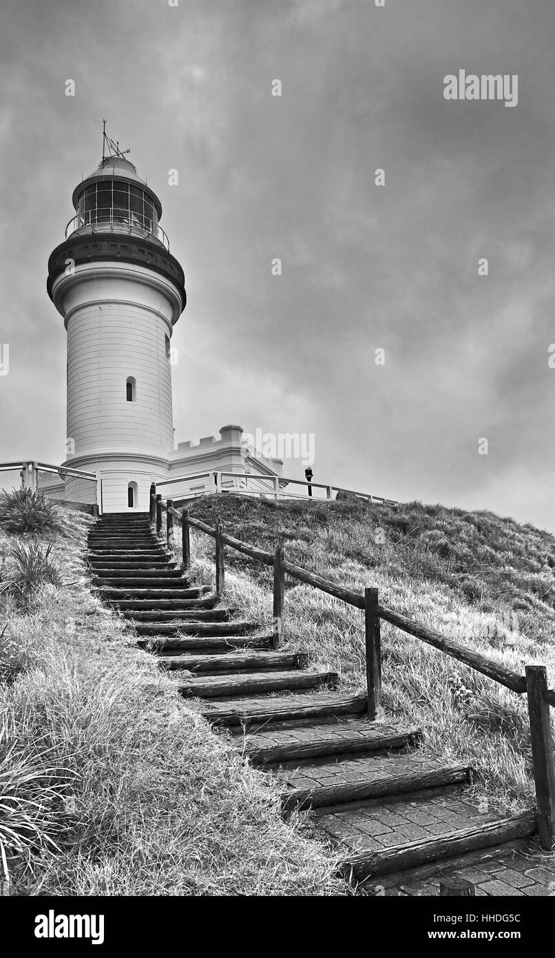 Tall historic Lighthouse in Byron Bay of New South Wales on pacific coast. Safety and navigation building at the most eastern point of Australian main Stock Photo