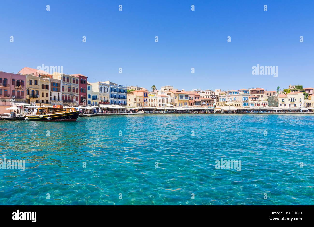The waterfront promenade around the old outer Venetian harbour of Chania, Crete, Greece Stock Photo