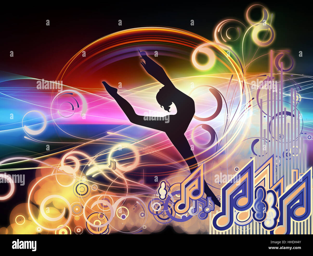 Backdrop of girl silhouette, notes, lights and abstract design elements to  complement your design on the subject of music, song, performance and dance  Stock Photo - Alamy, image size:1300x1065