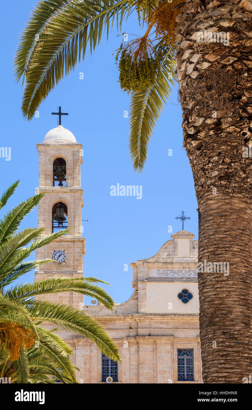 Palm famed view of the Greek Orthodox Cathedral of Chania in Plateia Athinagora, Chania, Crete, Greece Stock Photo