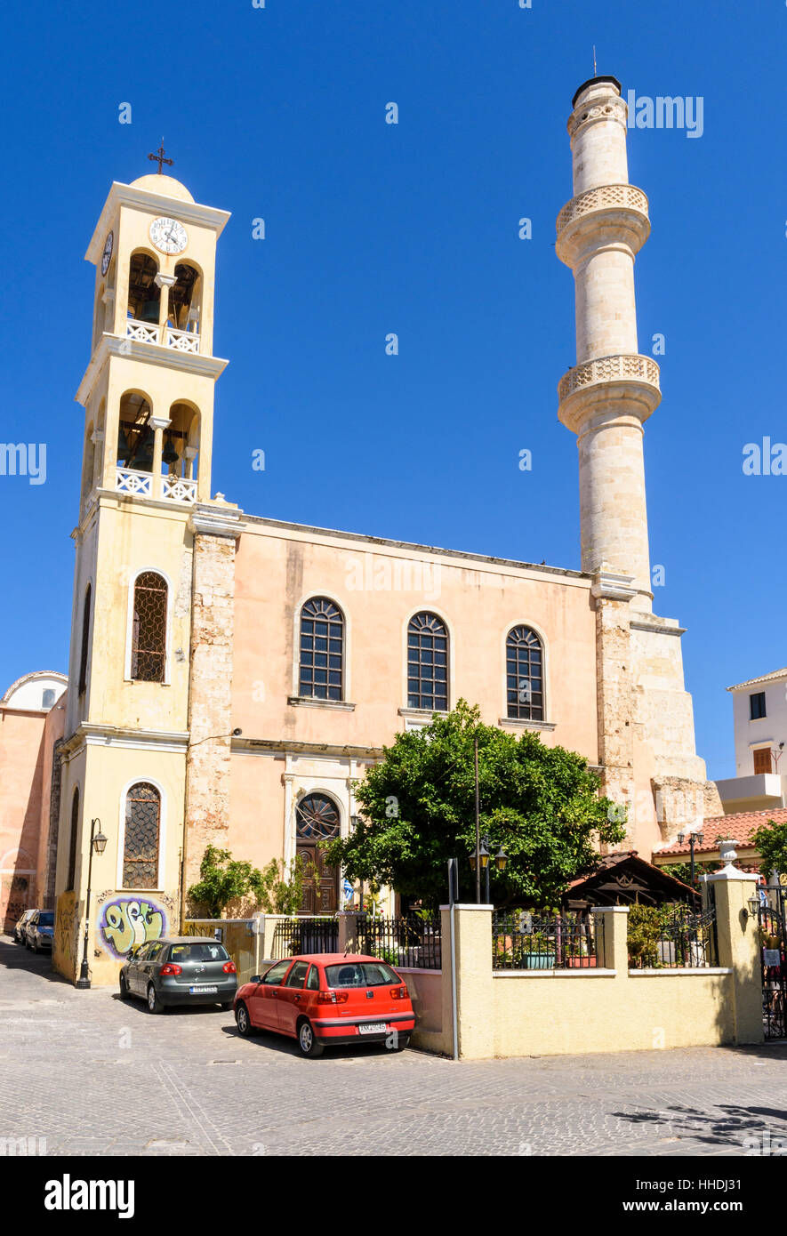 Greek Orthodox Church of Agios Nikolaos and its Ottoman minaret in Plateia 1821, Chania, Crete, Greece Stock Photo
