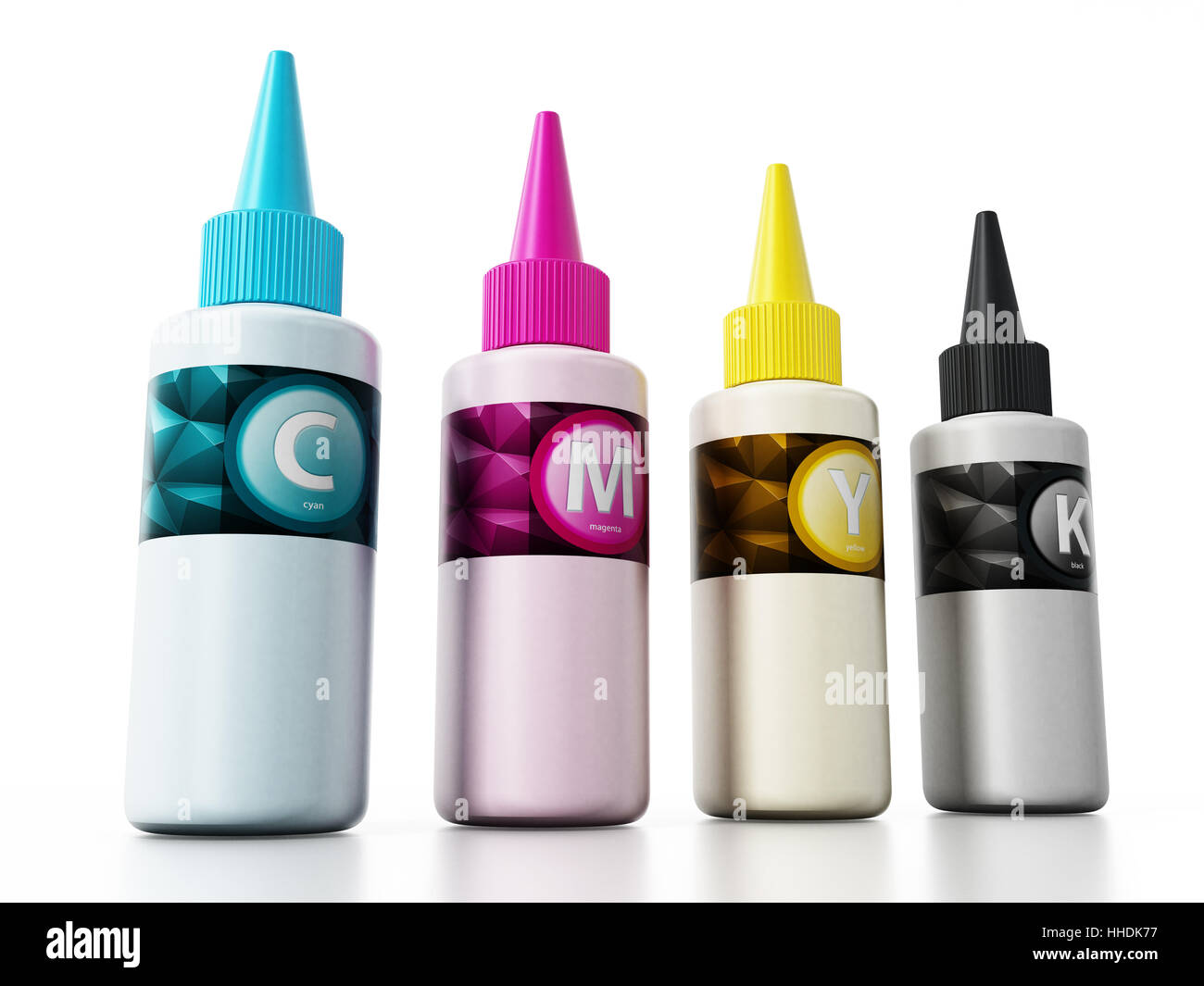 CMYK ink filling bottles isolated on white background. 3D illustration ...