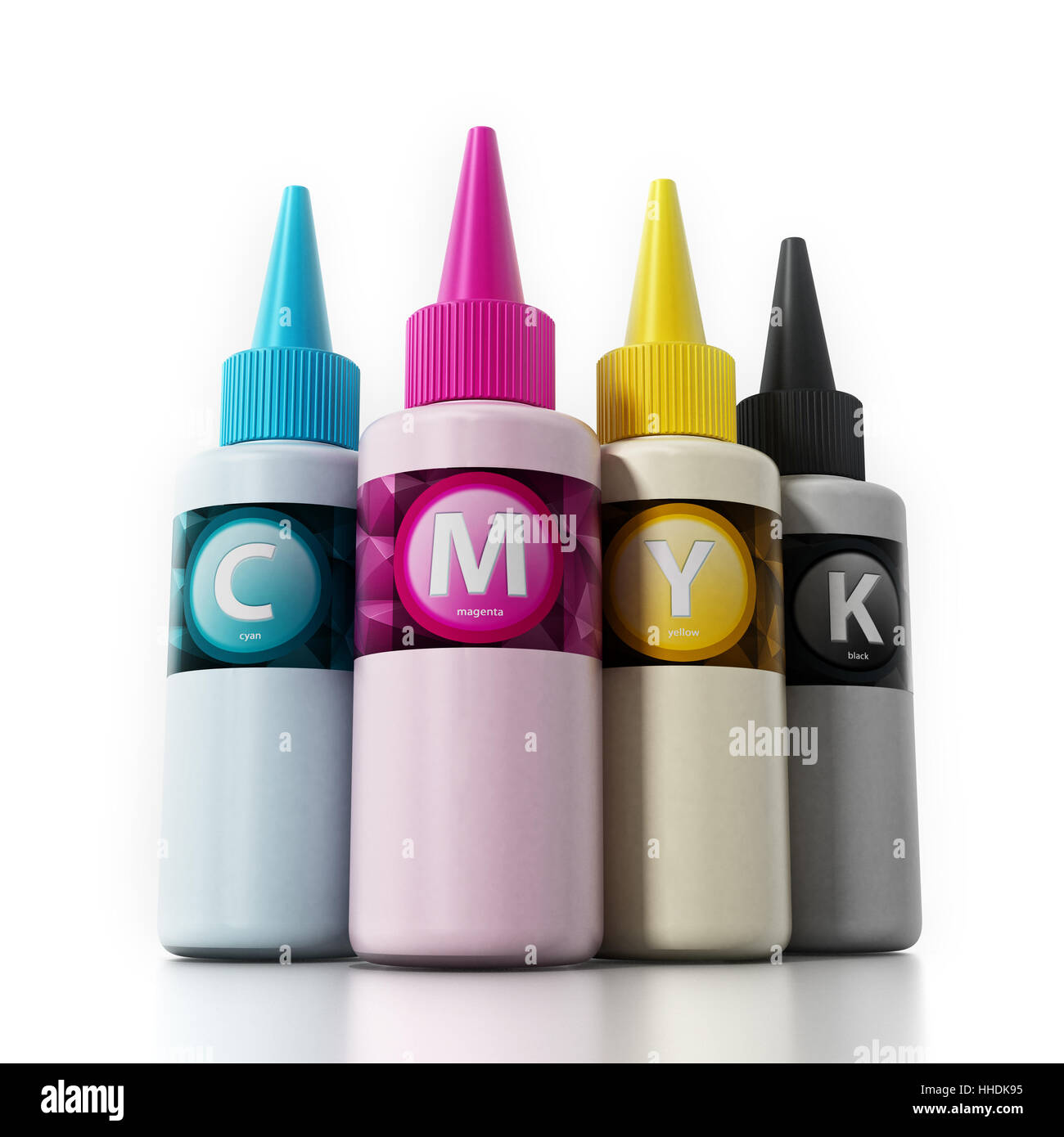 CMYK ink filling bottles isolated on white background. 3D illustration ...