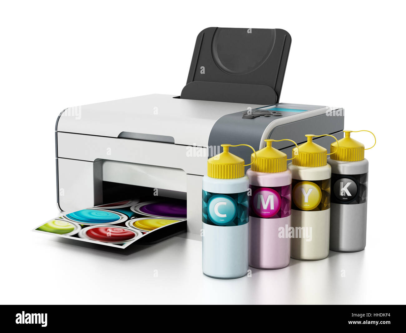 CMYK ink filling bottles and inkjet printer isolated on white