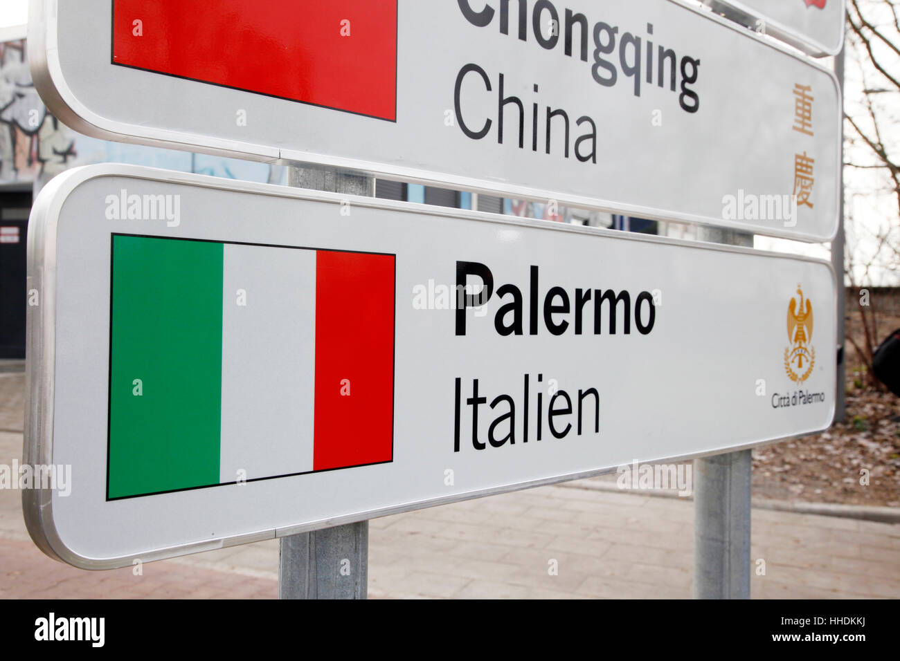 The new sign with the new twin city Palermo in Italy of Duesseldorf Stock Photo