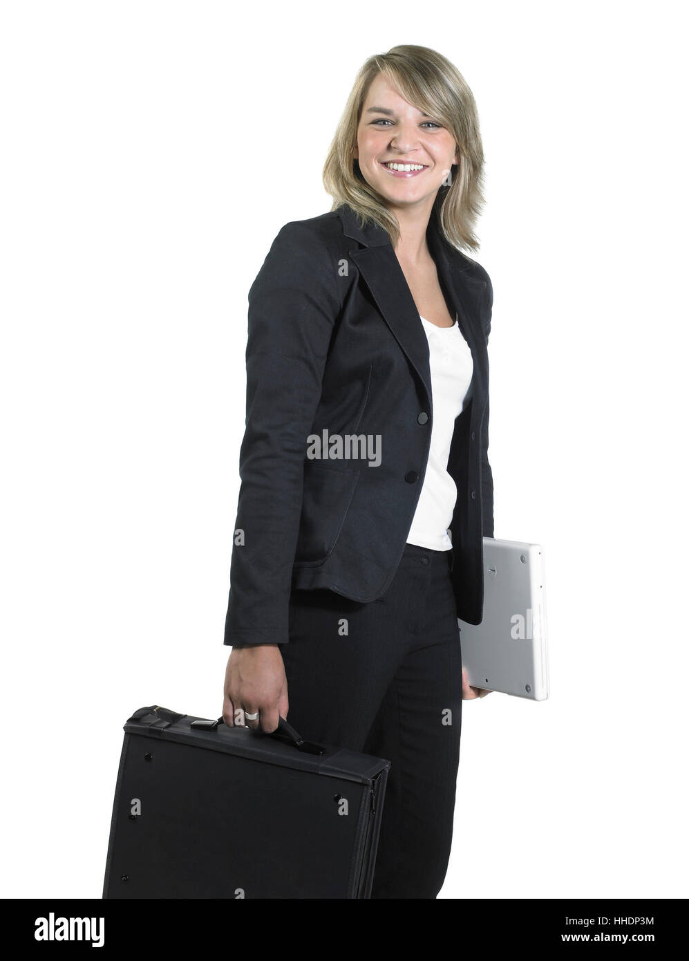 Studio photography of a young smiling business woman with dispatch case isolated on white Stock Photo