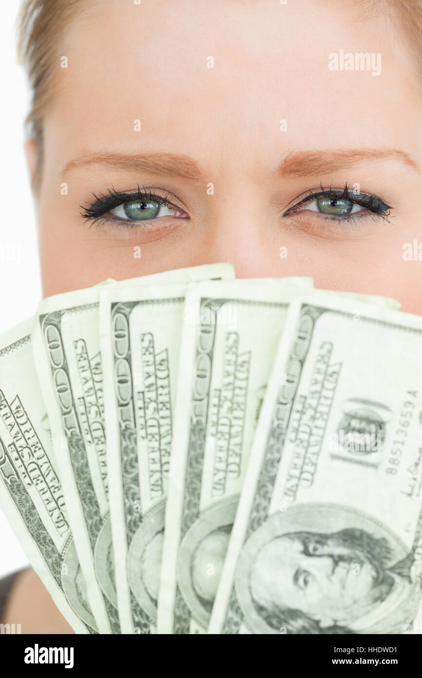 Pretty woman with dollars banknotes against white background Stock ...