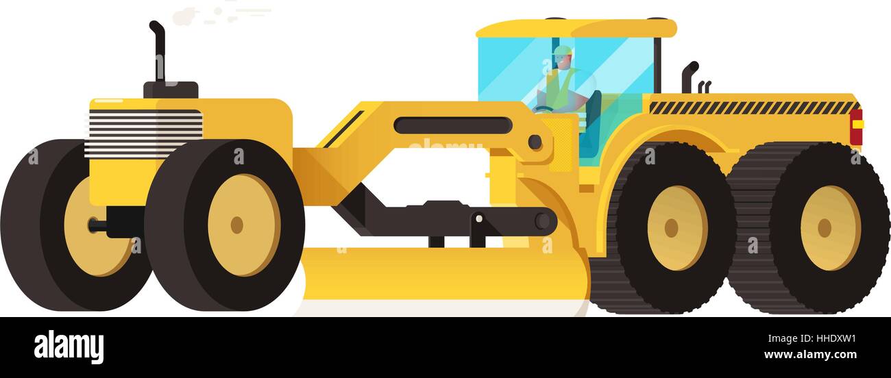 Motor grader. Heavy equipment vehicle isolated color vector illustration. Stock Vector