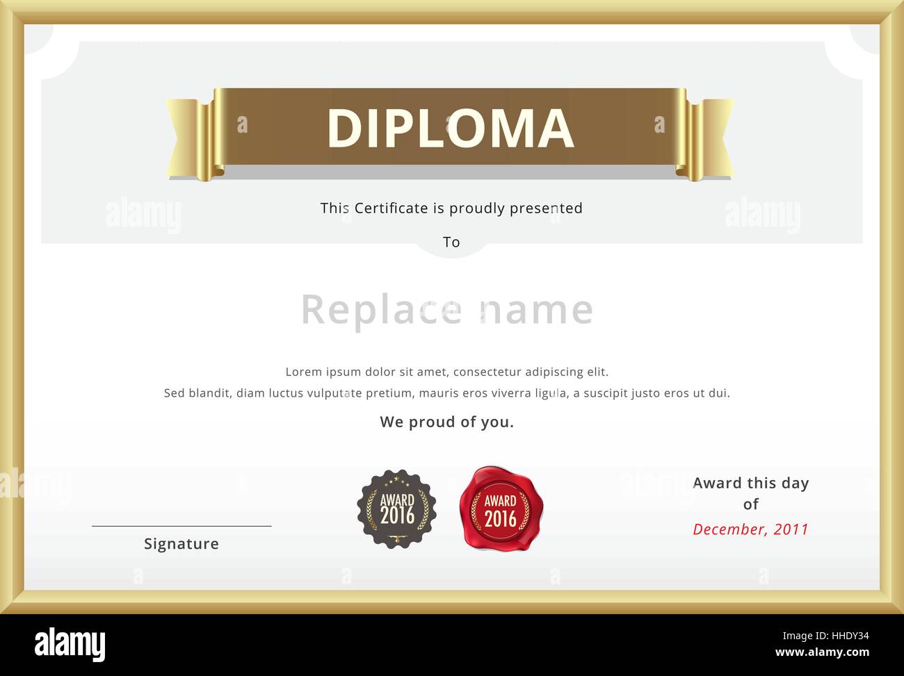 Gold diploma label template. Education diploma with gold text. sample wax stamp. international