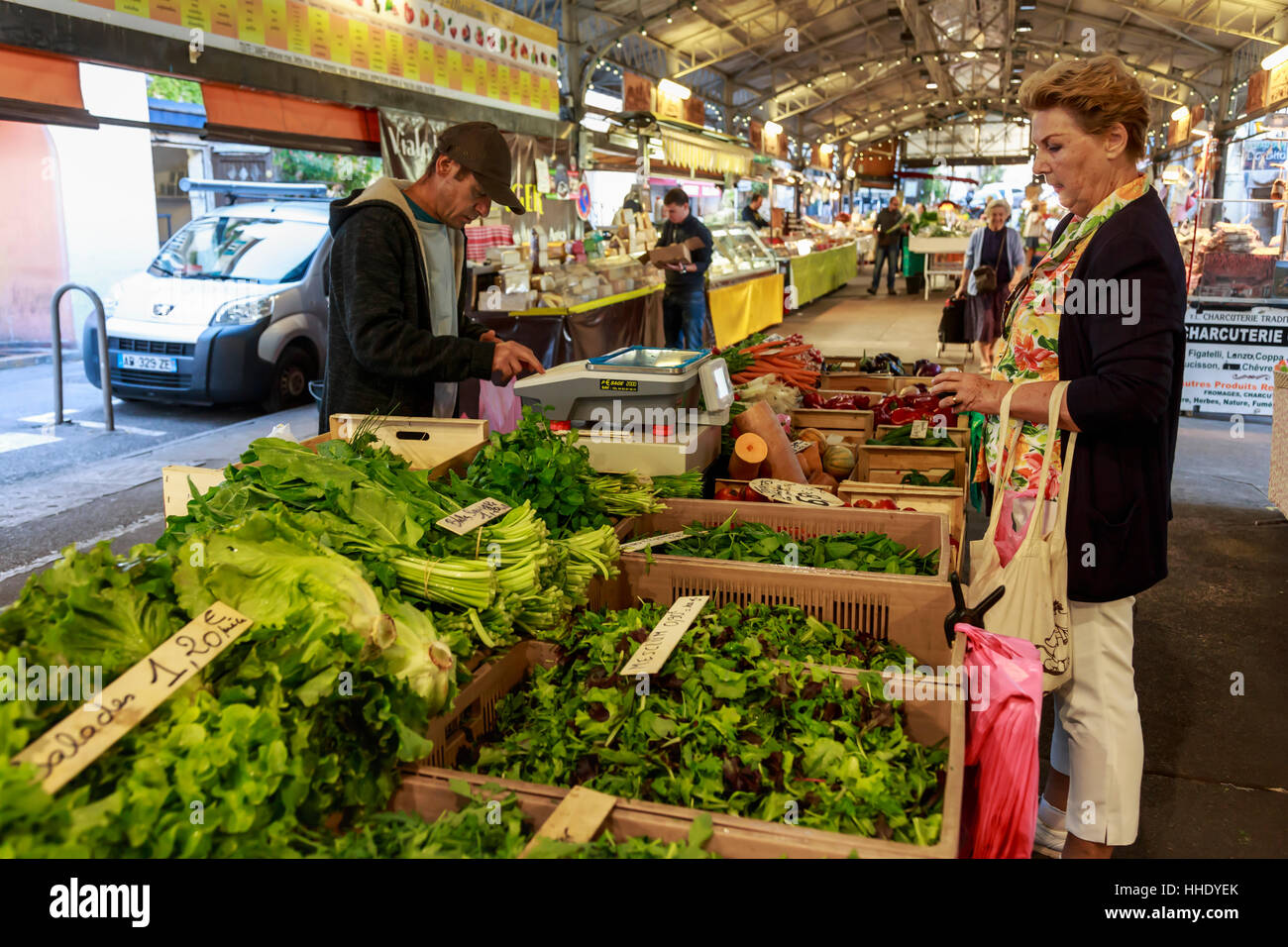 Shopping at Marche Provencal, morning market, Vieil Antibes, French Riviera, Cote d'Azur, Provence, France Stock Photo