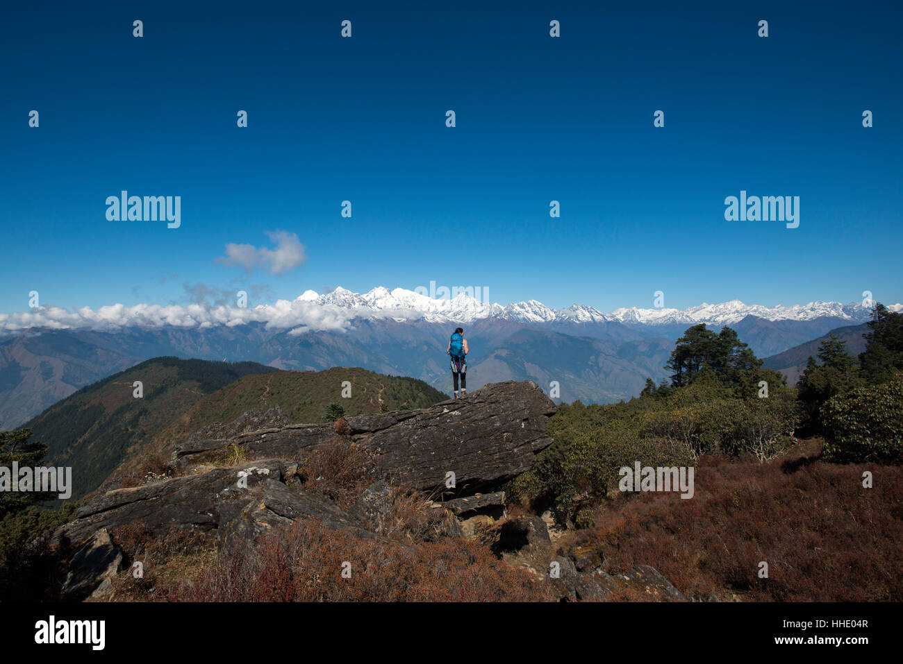 Taking in the view of the Himalayan Range on the trail between Sian Gompa and Gosainkund in the Langtang region, Nepal Stock Photo