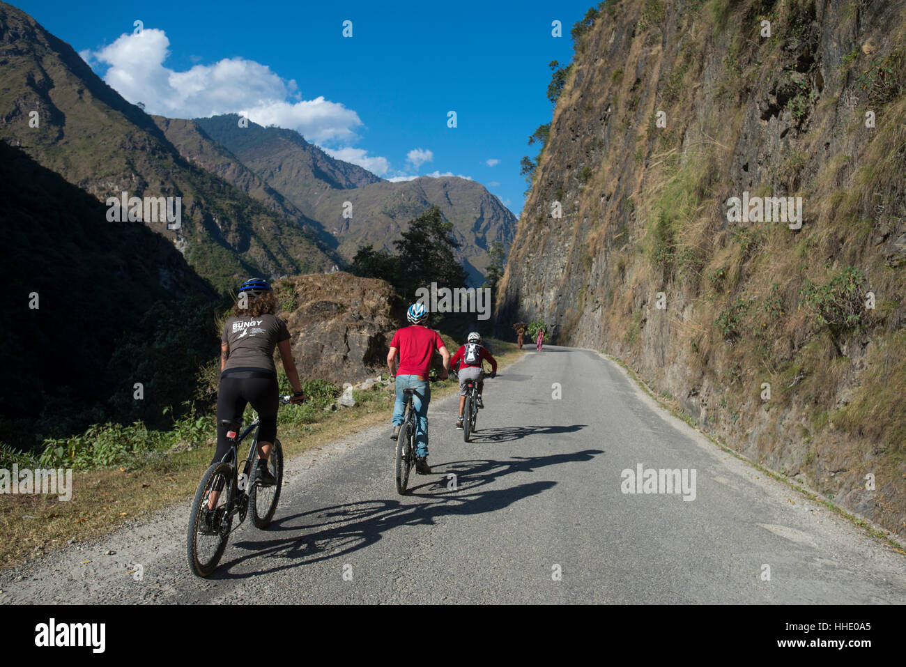 Mountain biking near the Tibetan border, Nepal Stock Photo