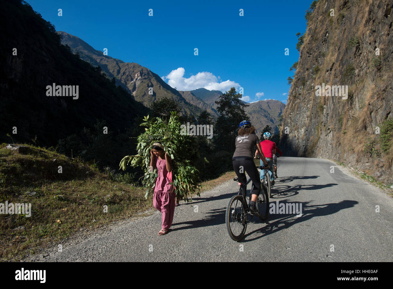 Mountain biking near the Tibetan border, Nepal Stock Photo
