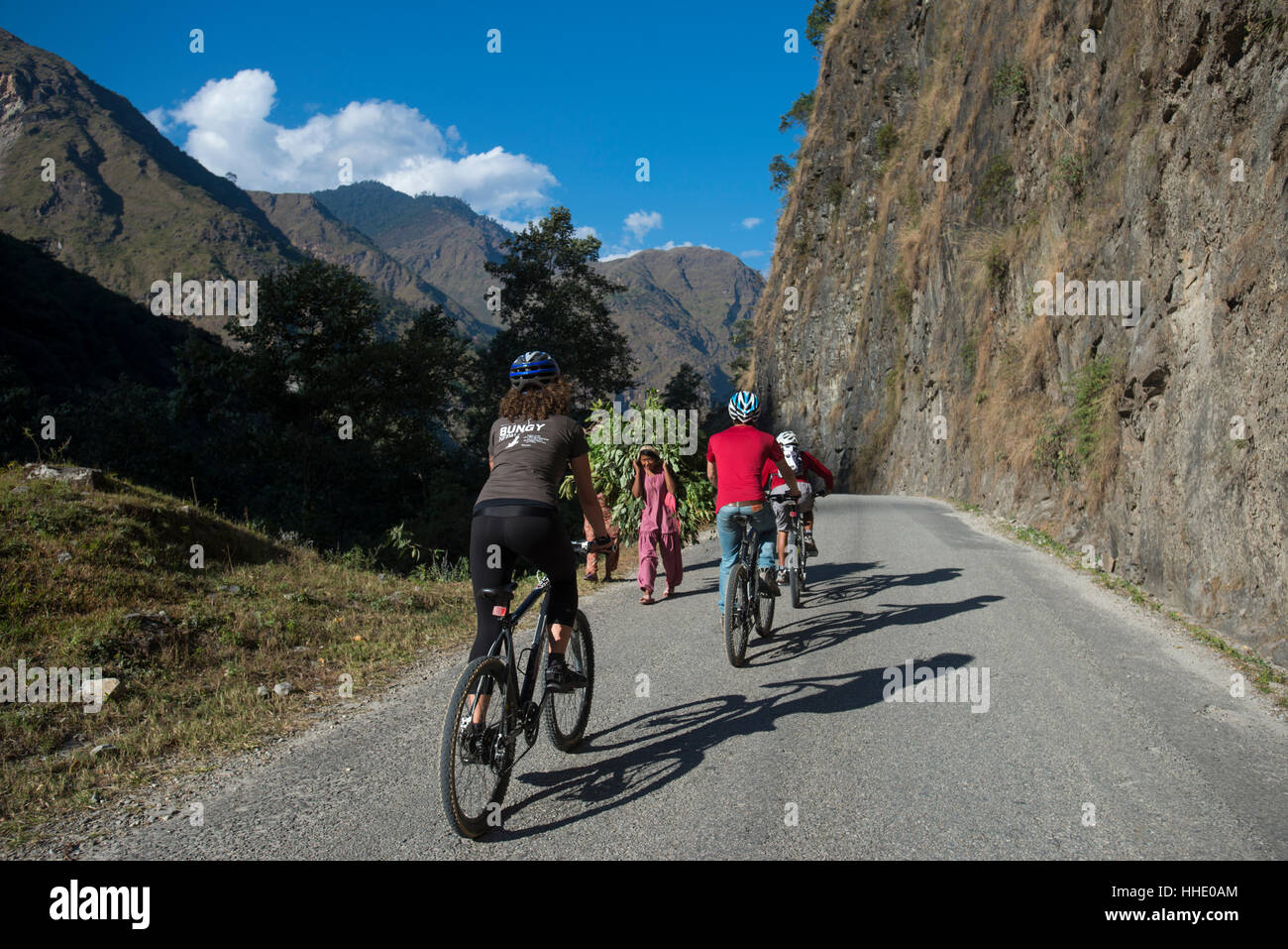 Mountain biking near the Tibetan border, Nepal Stock Photo