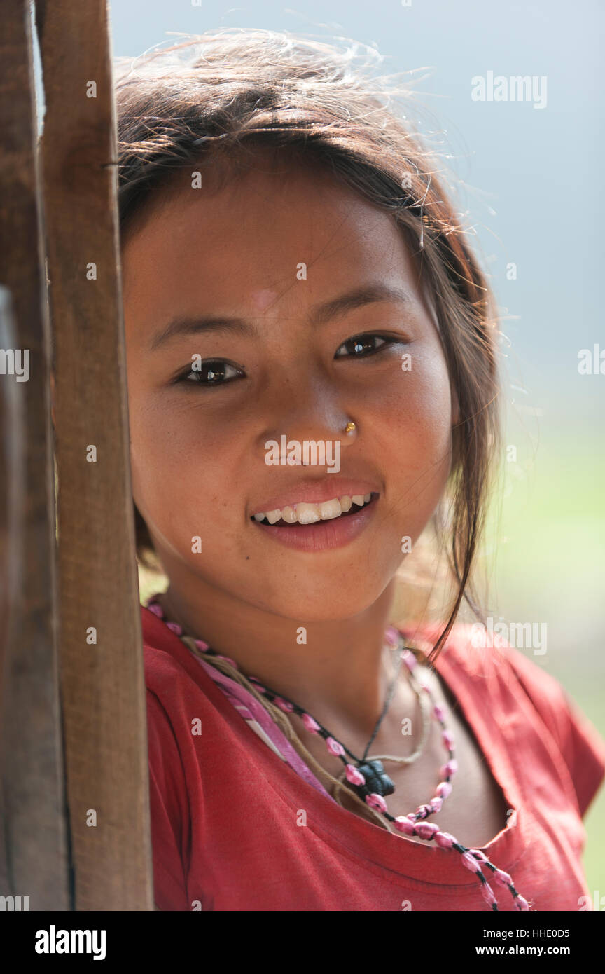 Nepali girl near Kalibote on the Manaslu circuit trek, Nepal Stock Photo