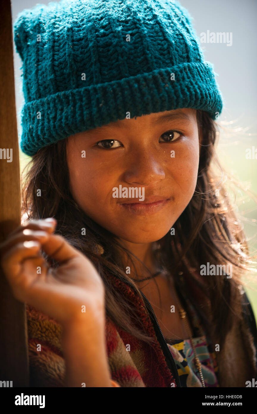 Nepali girl near Kalibote on the Manaslu circuit trek, Nepal Stock Photo