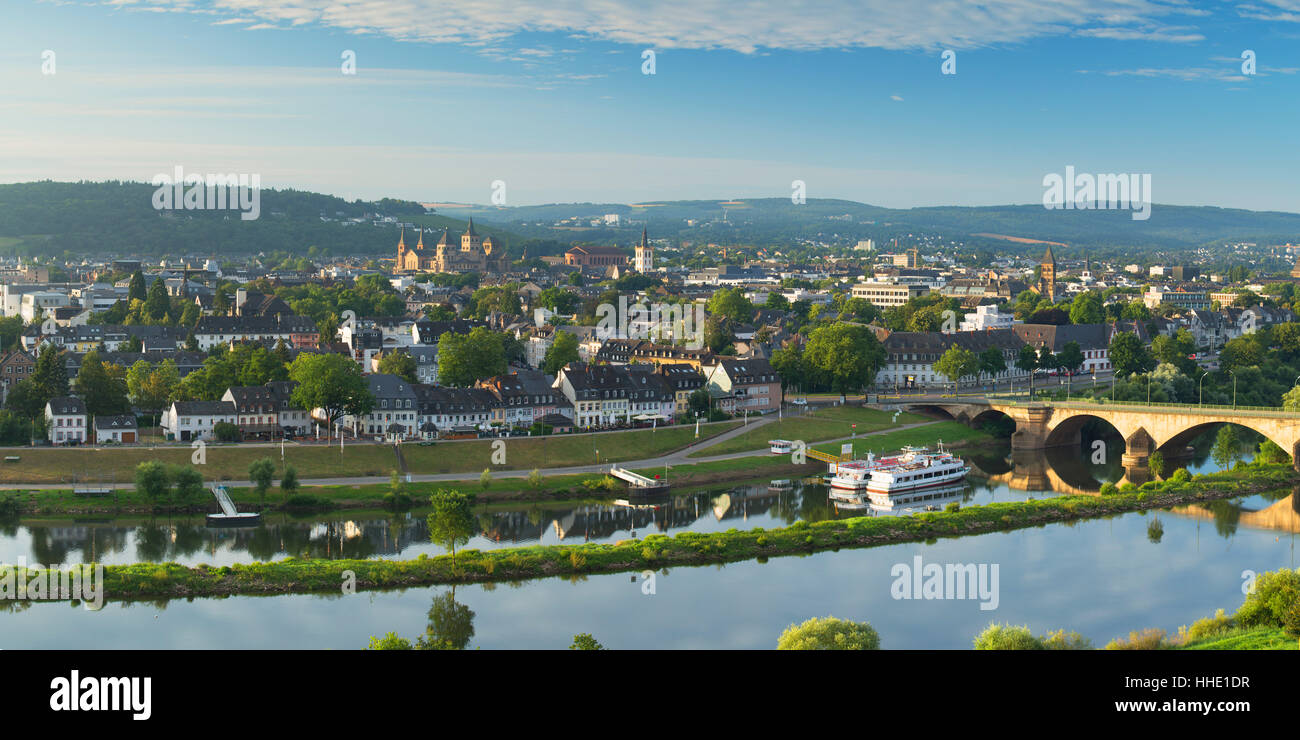View of River Moselle and Trier, Rhineland-Palatinate, Germany Stock Photo