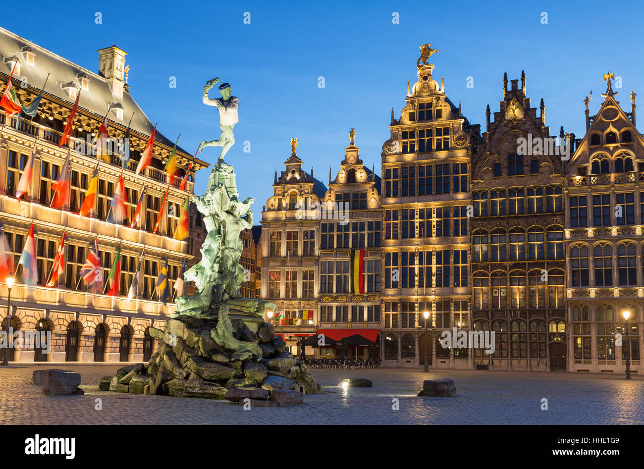 Town Hall (Stadhuis) and guild houses in Main Market Square, Antwerp, Flanders, Belgium Stock Photo