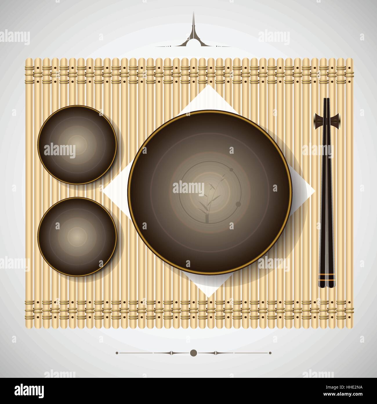 Bamboo mat with plates and chopsticks setting for lunch thai