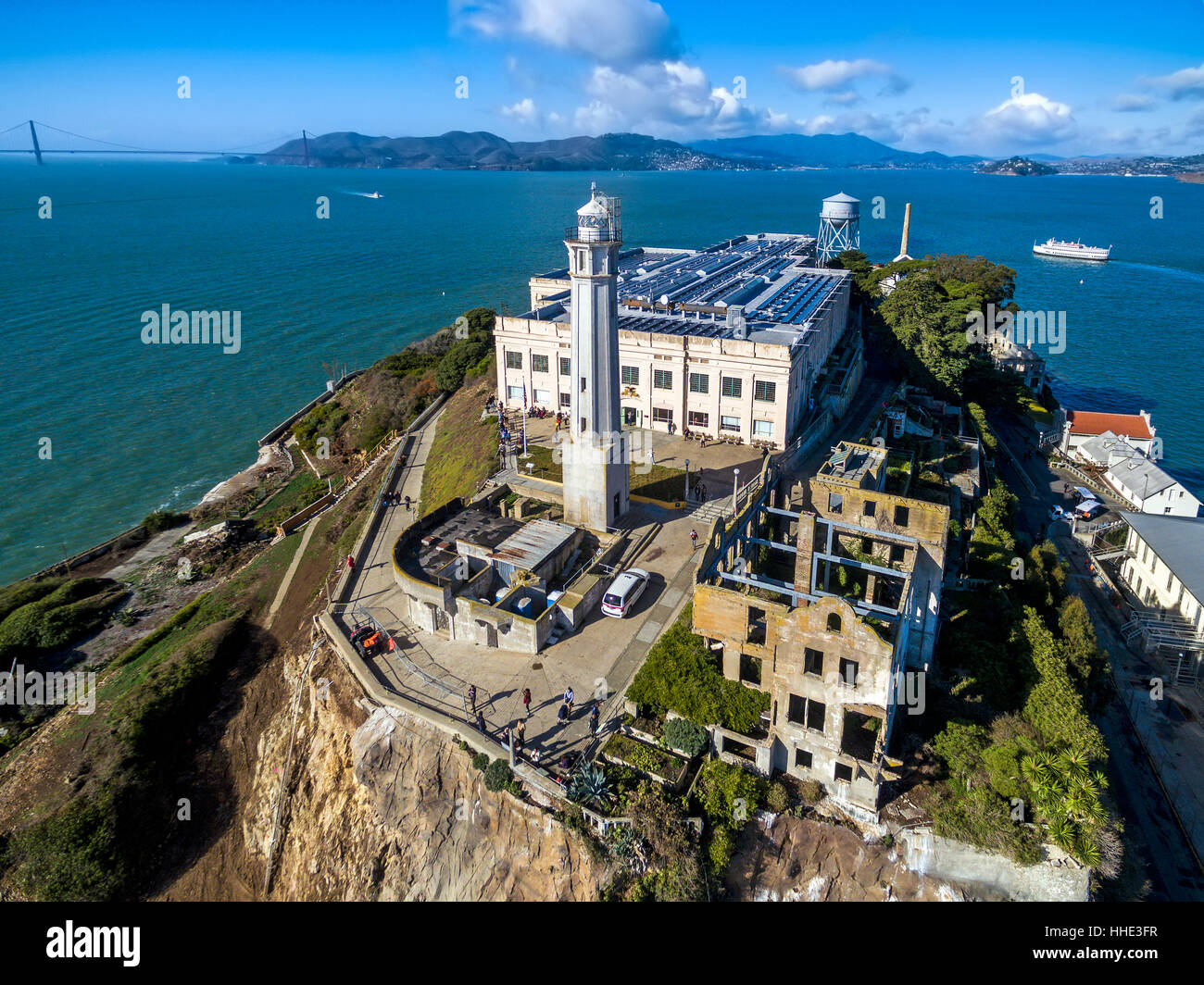 Aerial view of the prison island of Alcatraz in San Francisco Bay. Stock Photo