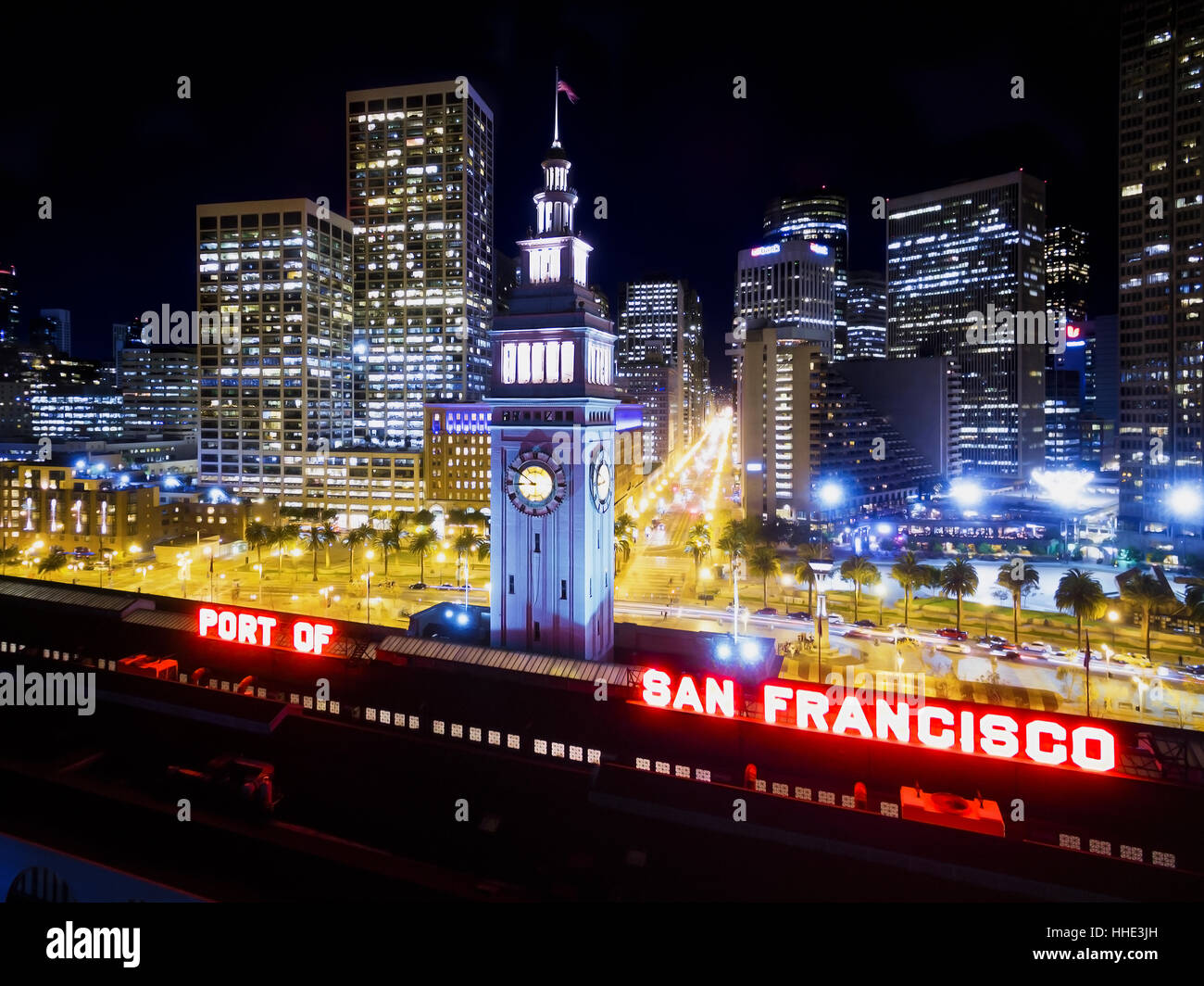The view over the Ferry building, the clock tower and sign saying The ...