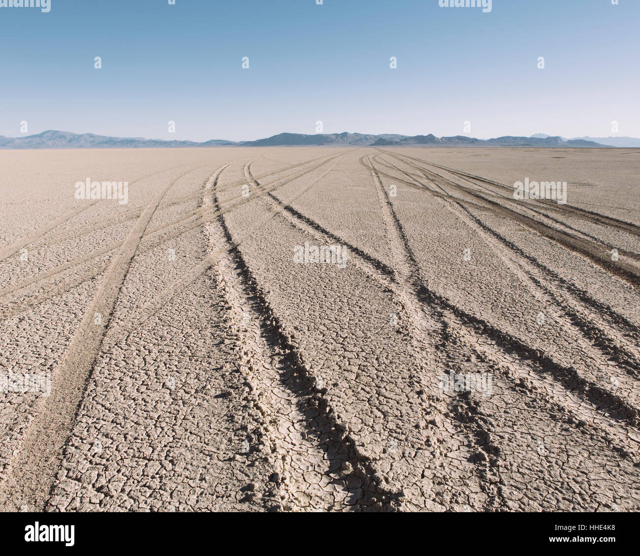 Tire tracks on playa, Black Rock Desert, Nevada Stock Photo