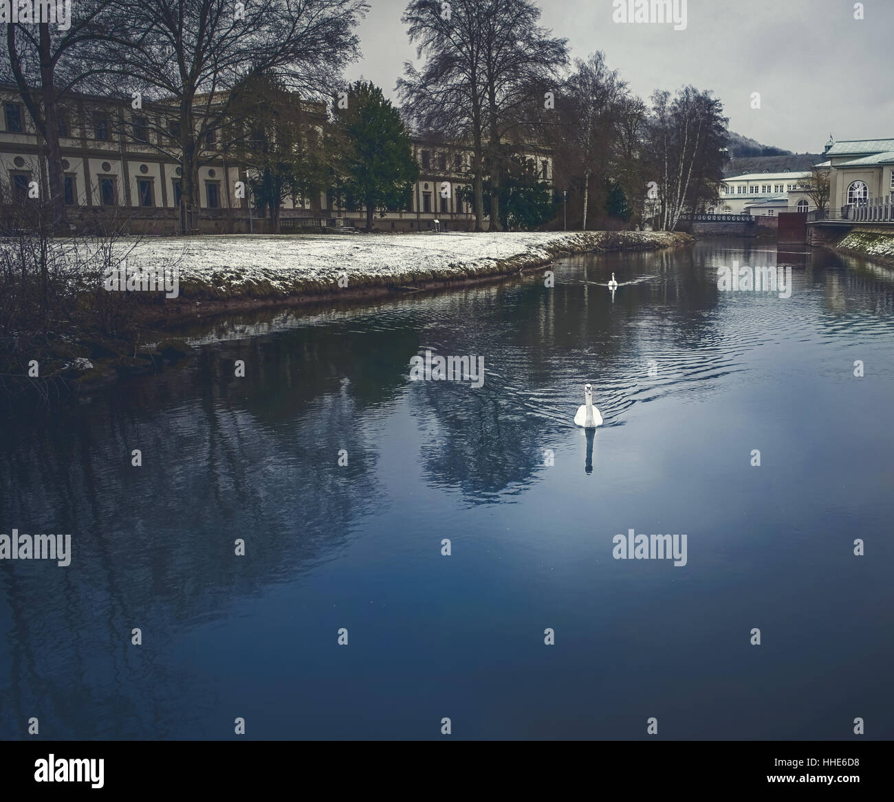 Abstract river view in a snowy city Stock Photo