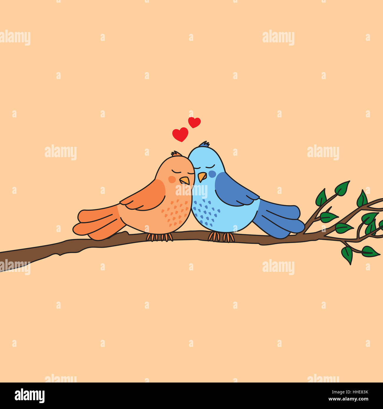 Valentine's Day greeting card with two cute cartoon love birds ...