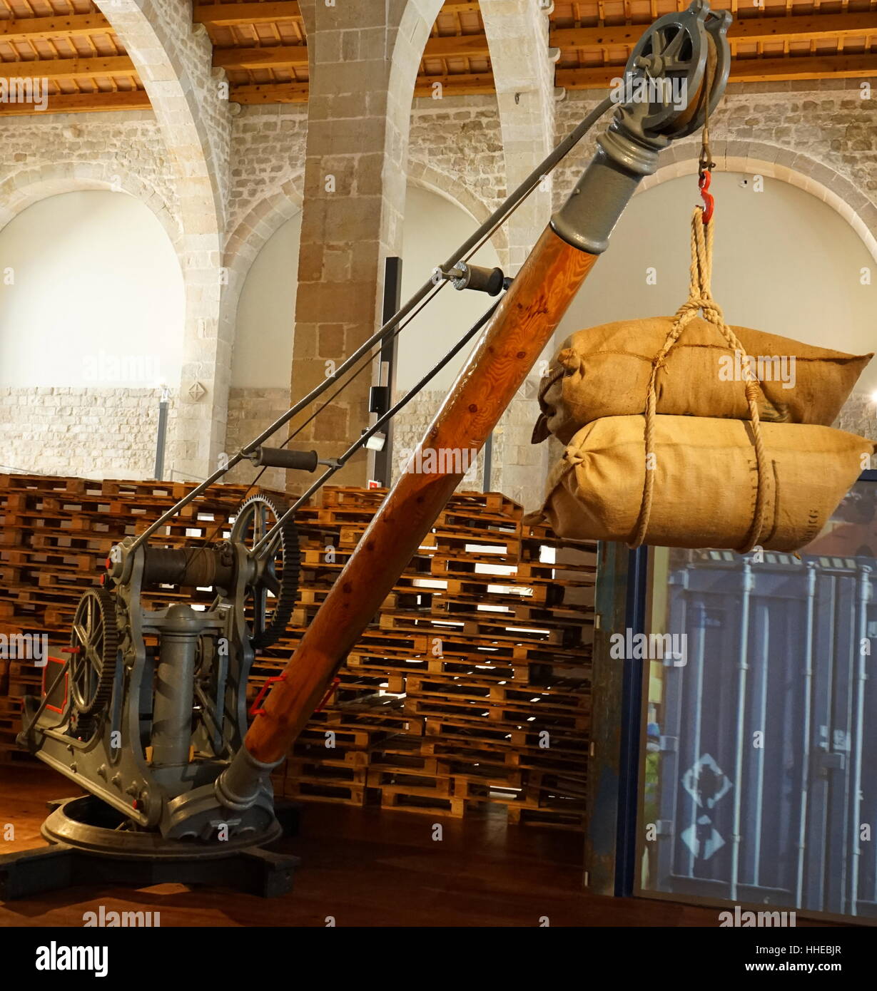 Manually operated small crane from a Spanish port circa 1900 Stock