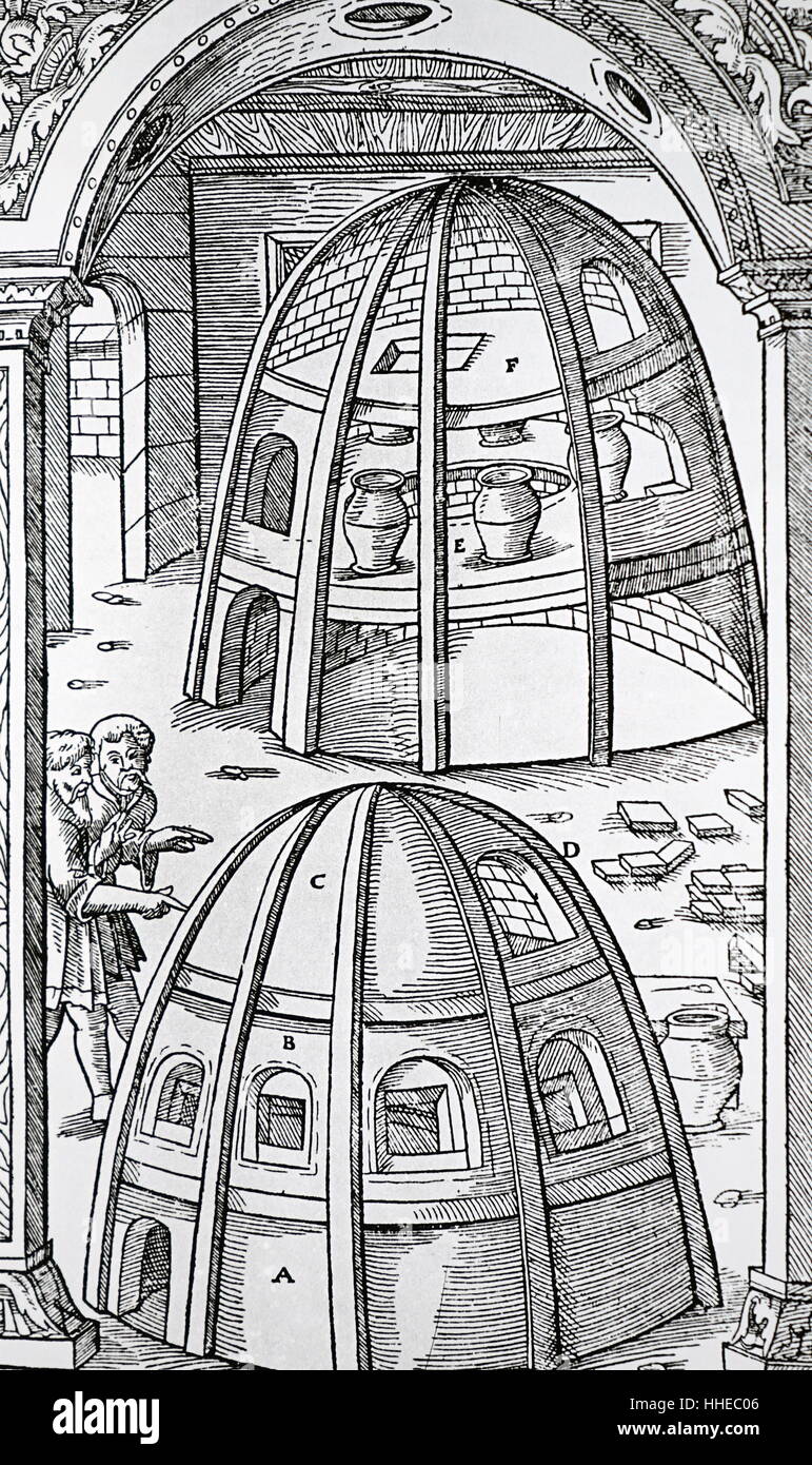 exterior and sectional view of a glass works and furnace. Switzerland.  Illustration (woodcut) from Agricola 'De Re Metallic' 1557 Stock Photo -  Alamy