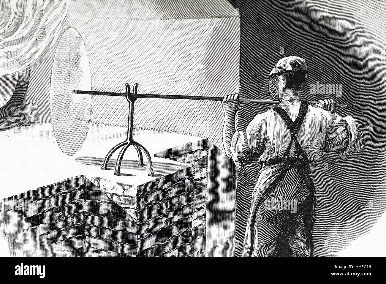 Making a crown glass by glass blowing in a kiln or furnace. London