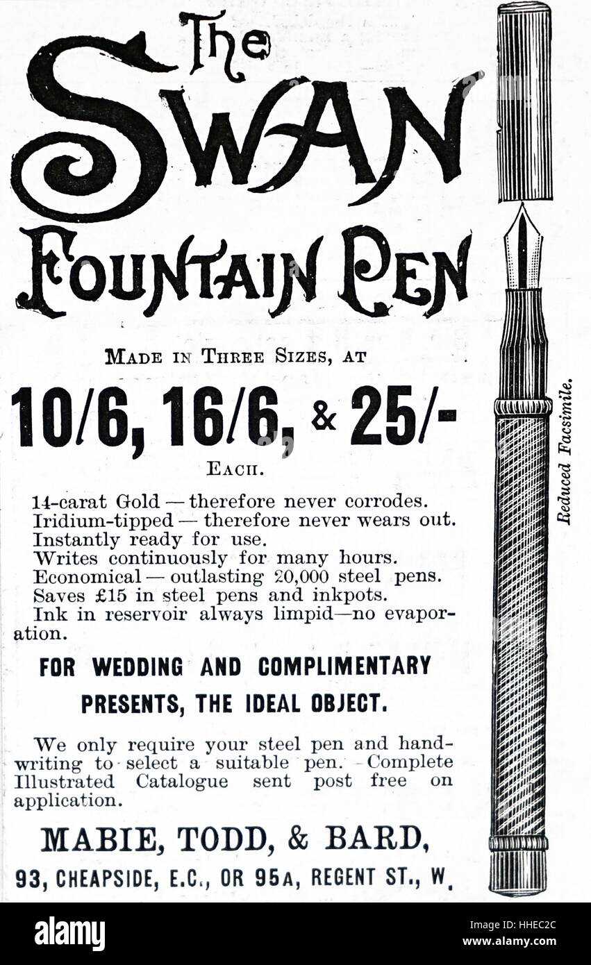 English periodical Advertisement for Swan fountain pens 1895 Stock