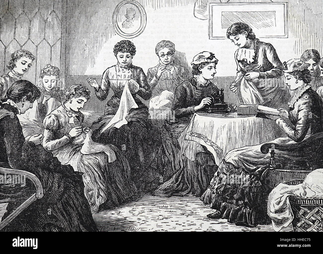 Ladies sewing for a bazaar small hand-operated sewing machine on the table. 1886 Stock Photo