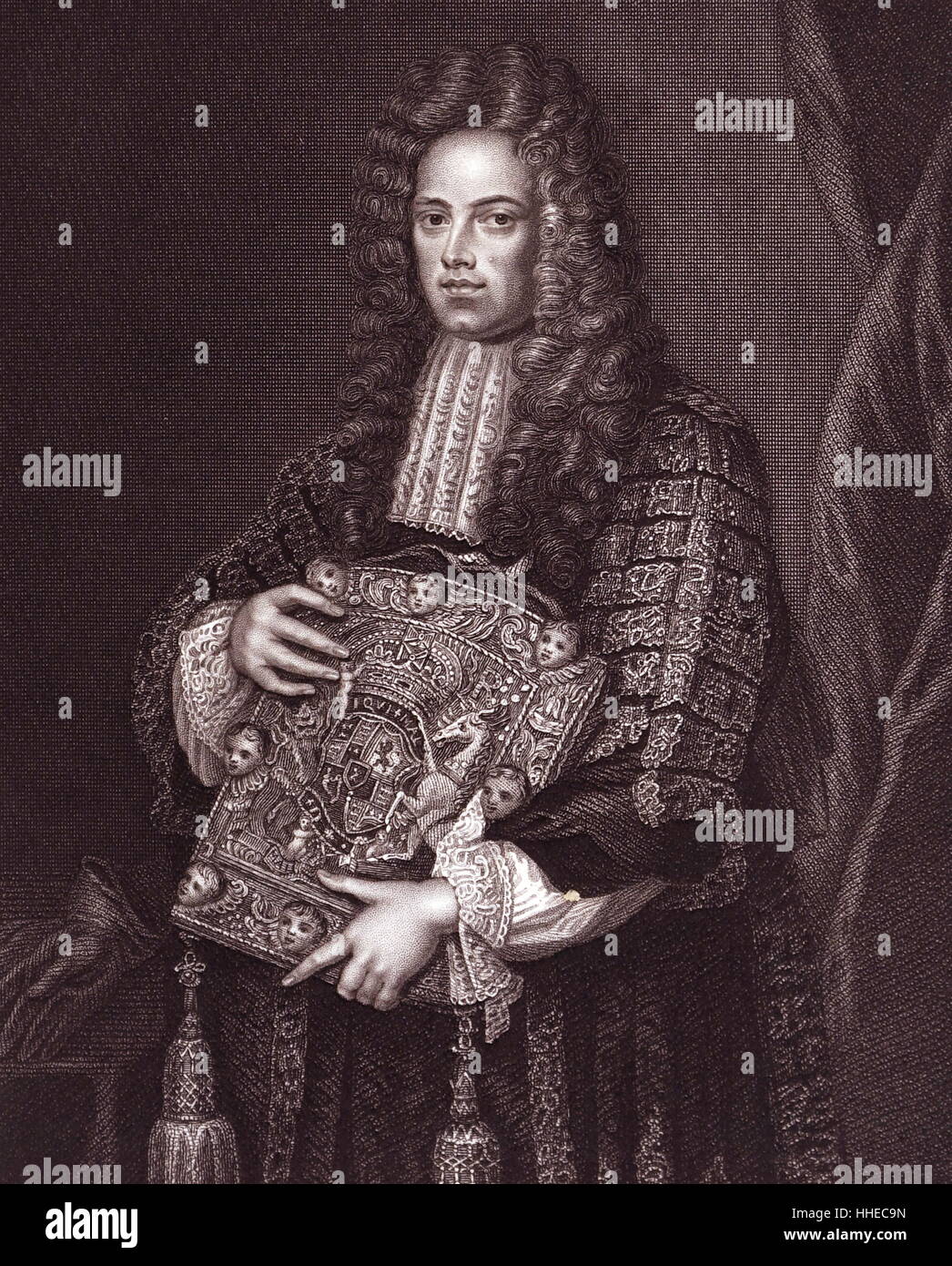 John Somers or Sommers (1651-1716) English lawyer and politician: Counsel for the seven bishops 1688. Lord Chancellor 1697. Friend and patron of poets and writers. Jonathan Swift dedicated 'Tale of a Tub 1704 to him. 1840 engraving after a portrait by Godfrey Kneller showing Somers holding the Lord Chancellor’s purse. Stock Photo