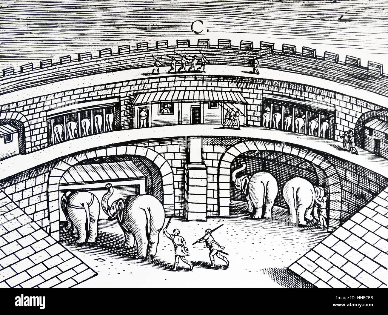 Roman army stables with elephants at ground level and horses on the level above them. From Justus Lipsius Poliorceticon sive De Machinis tormentis Tellis, Ms, Antwerp, 1605 Stock Photo