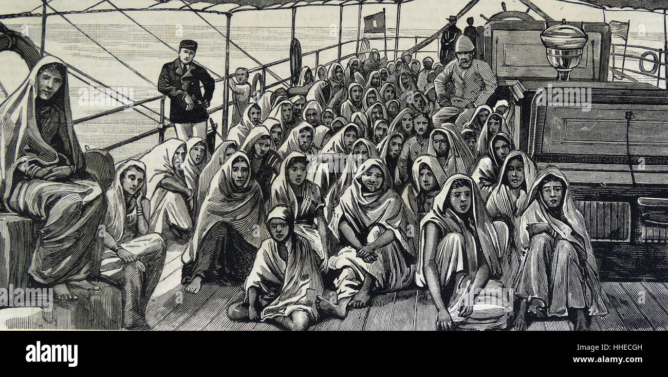 Immigrants from Calcutta arriving in British Guiana to supplement the work force which had become depleted owing to the abolition of slavery. 1884 Stock Photo