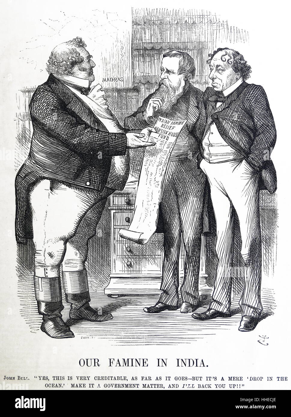 John Bull, personifying the. British people, pressing the Government (Disraeli, Prime Minister) to provide funds to pay for famine relief in India. John Tenniel cartoon 1877. About 500,000 died in Bombay, Madras and Mysore. Stock Photo