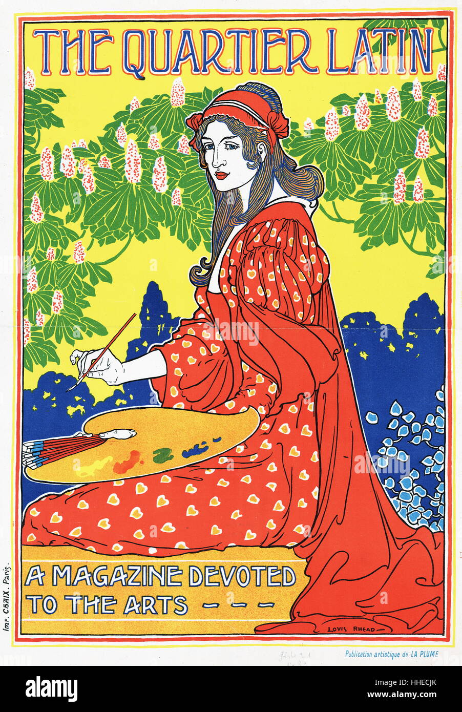 The Quartier Latin. A magazine devoted to the arts designed by Louis Rhead, 1857-1926, artist. Published in Paris between 1890 and 1900 the art nouveau covers shows a seated woman holding a palette and paint brushes. Stock Photo