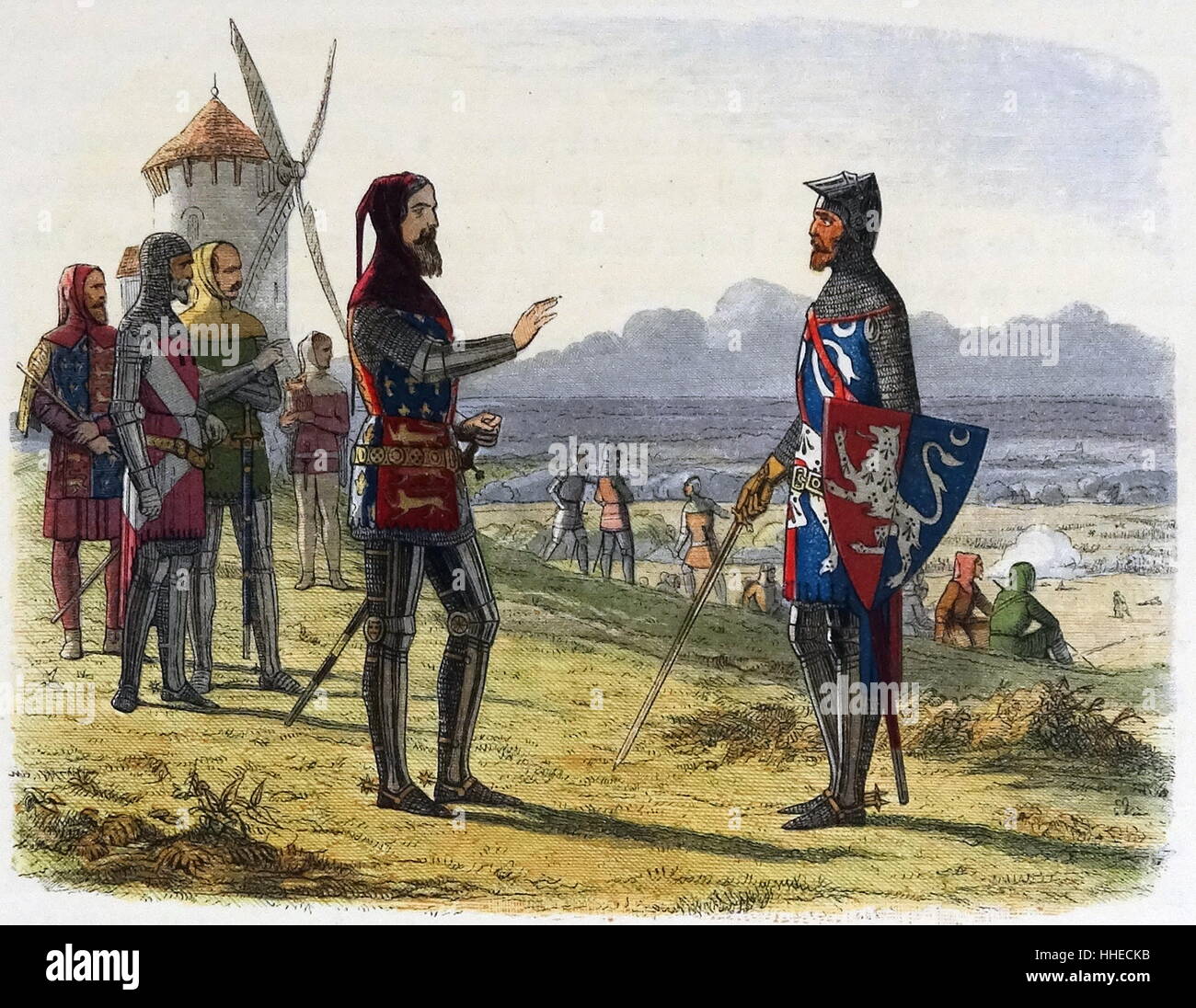 EDWARD III (1312-77), king of England from 1327. Shown here at battle of Crecy, 1346, during the HUNDRED YEARS WAR between England and France refusing to send aid to his son the Black Prince. Colour printed wood engraving circa 1860. Stock Photo