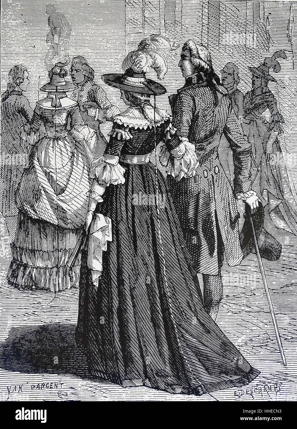 Ladies of fashion promenading with lightning conductors attached to their hats - Paris, circa 1778 Stock Photo