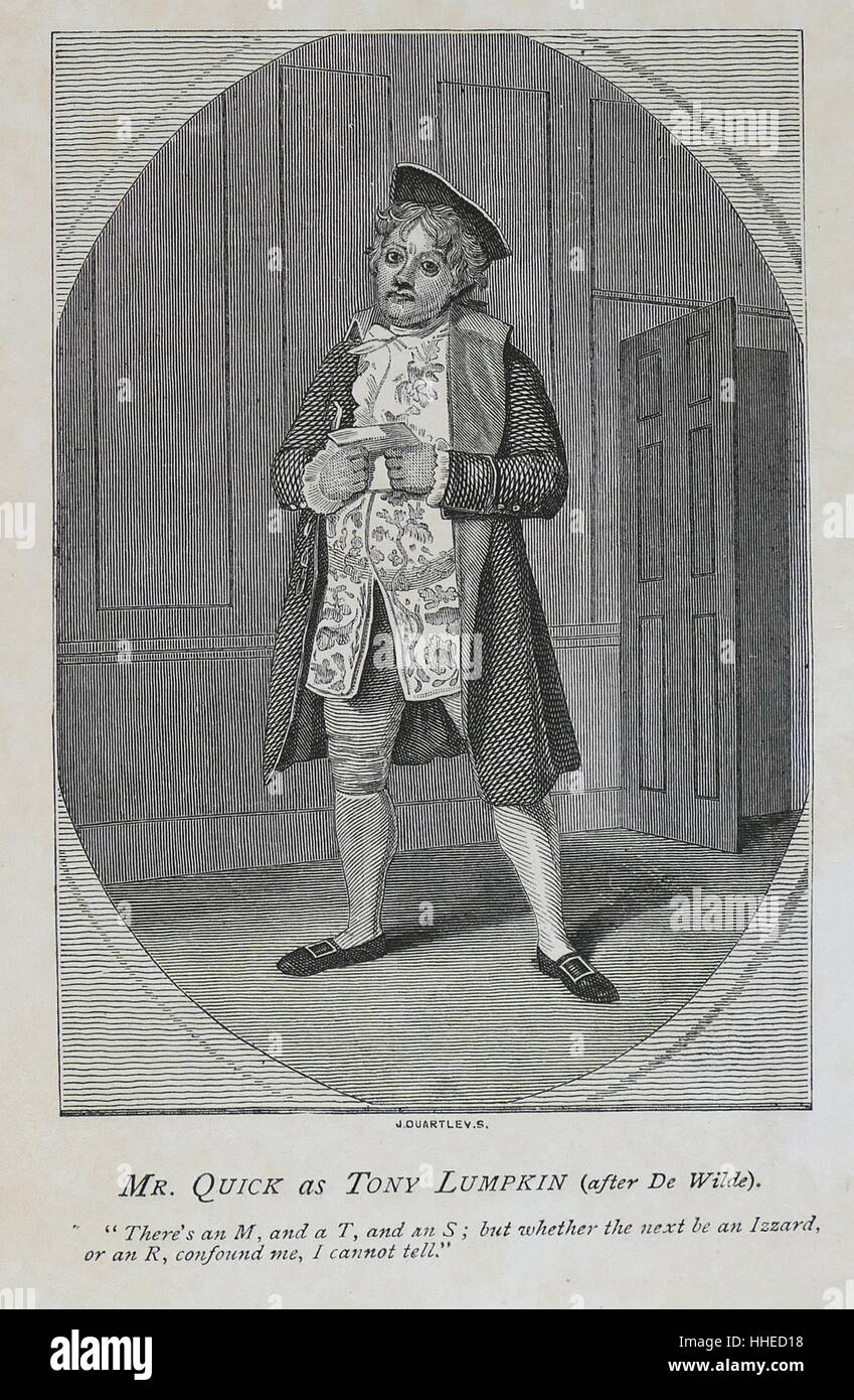 Oliver Goldsmith 'She Stoops to Conquer' 1773. John Quick (1748-1831) Engraving of the English actor as Tony Lumpkin in the first production of Goldsmith's play Stock Photo