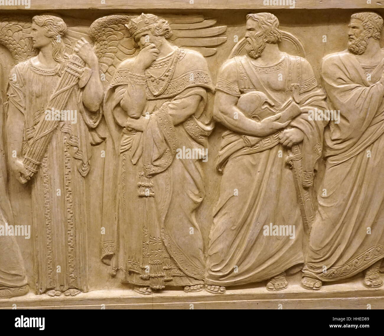 Relief depicting the figure of Austerity, King Solomon of Biblical Israel is seen hand supporting head in contemplation. Next to Solomon is Lycurgus (c. 900 – 800 BC) the legendary lawgiver of Sparta. US Supreme Court, Washington DC. USA. Stock Photo