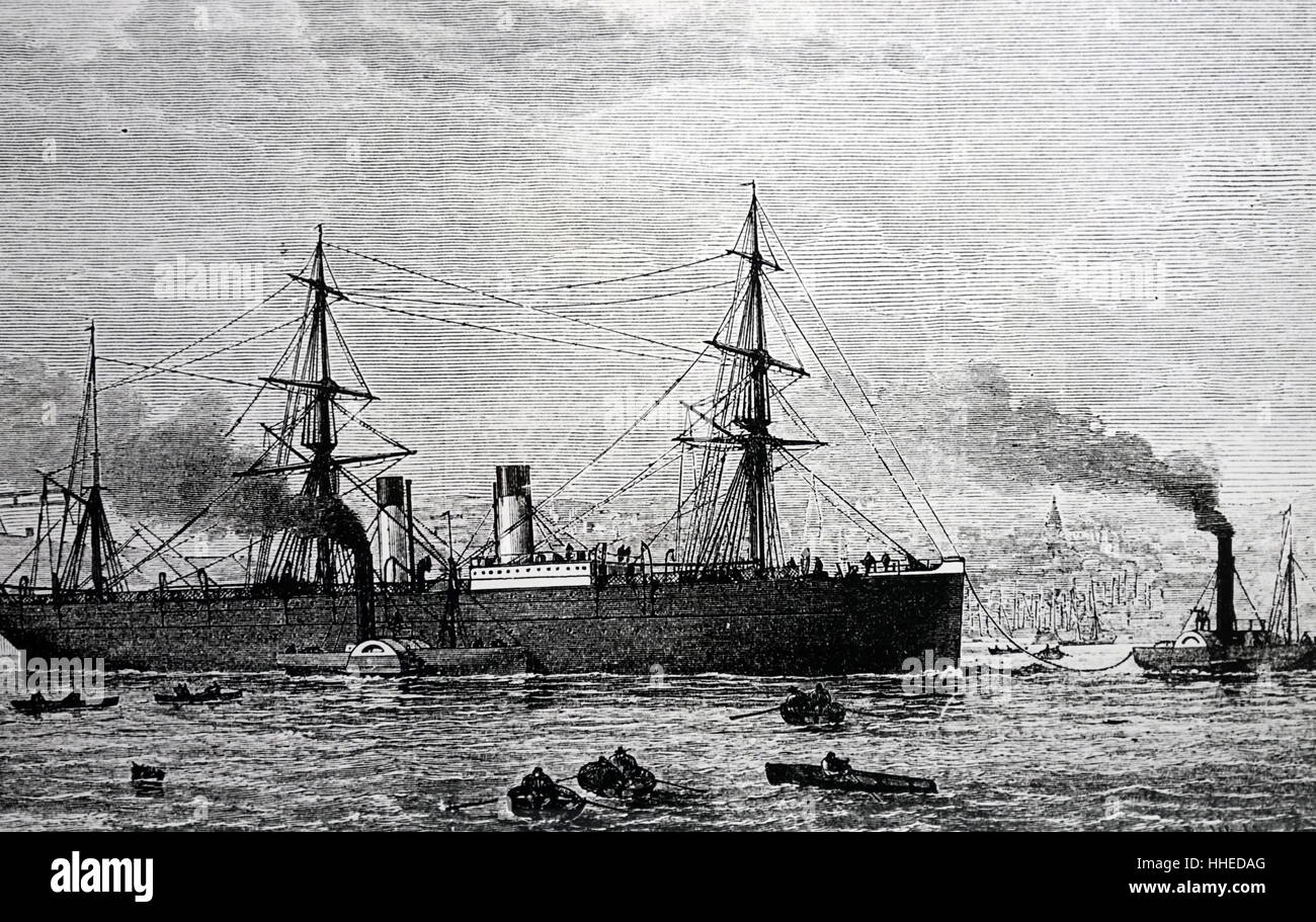 Portrait of the French Transatlantic Steamship Company's 'Amerique' being towed into Plymouth after being abandoned in a storm. Dated 19th Century Stock Photo